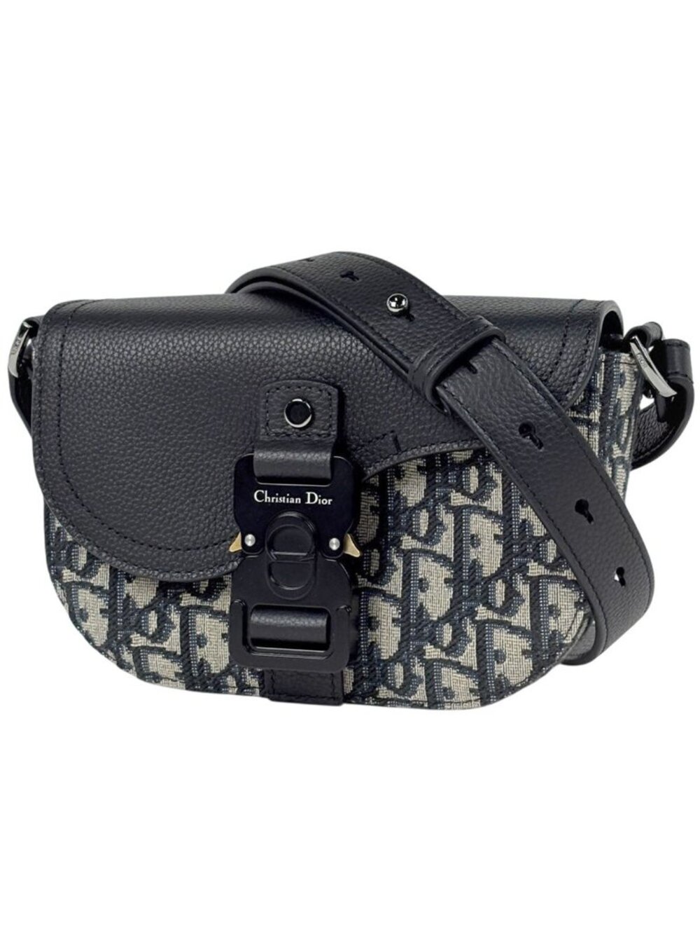 Dior Saddle Flap Messenger Bag Mini Trotter Oblique Jacquard Leather Black Beige